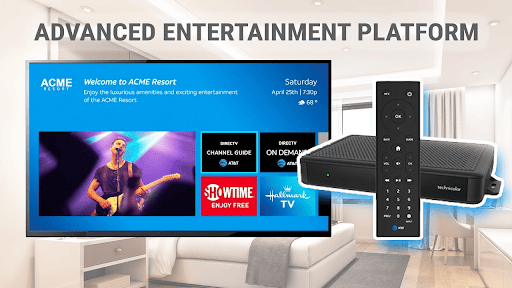 Advanced entertainment platform interface on a hotel room TV with on-screen channel options, next to a Technicolor set-top box and remote control.